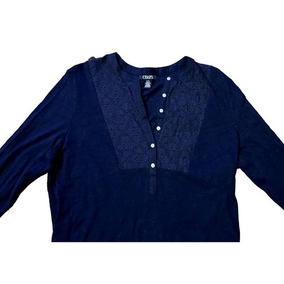 Chaps women's navy blue pullover v-neck top size L buttons & embroidery at neck - Picture 2 of 8